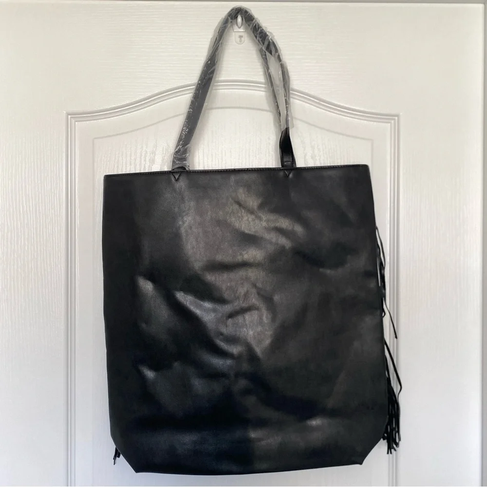 Victoria's Secret Black Fringe Tote Bag Purse Rose Gold Logo‎ 15x17